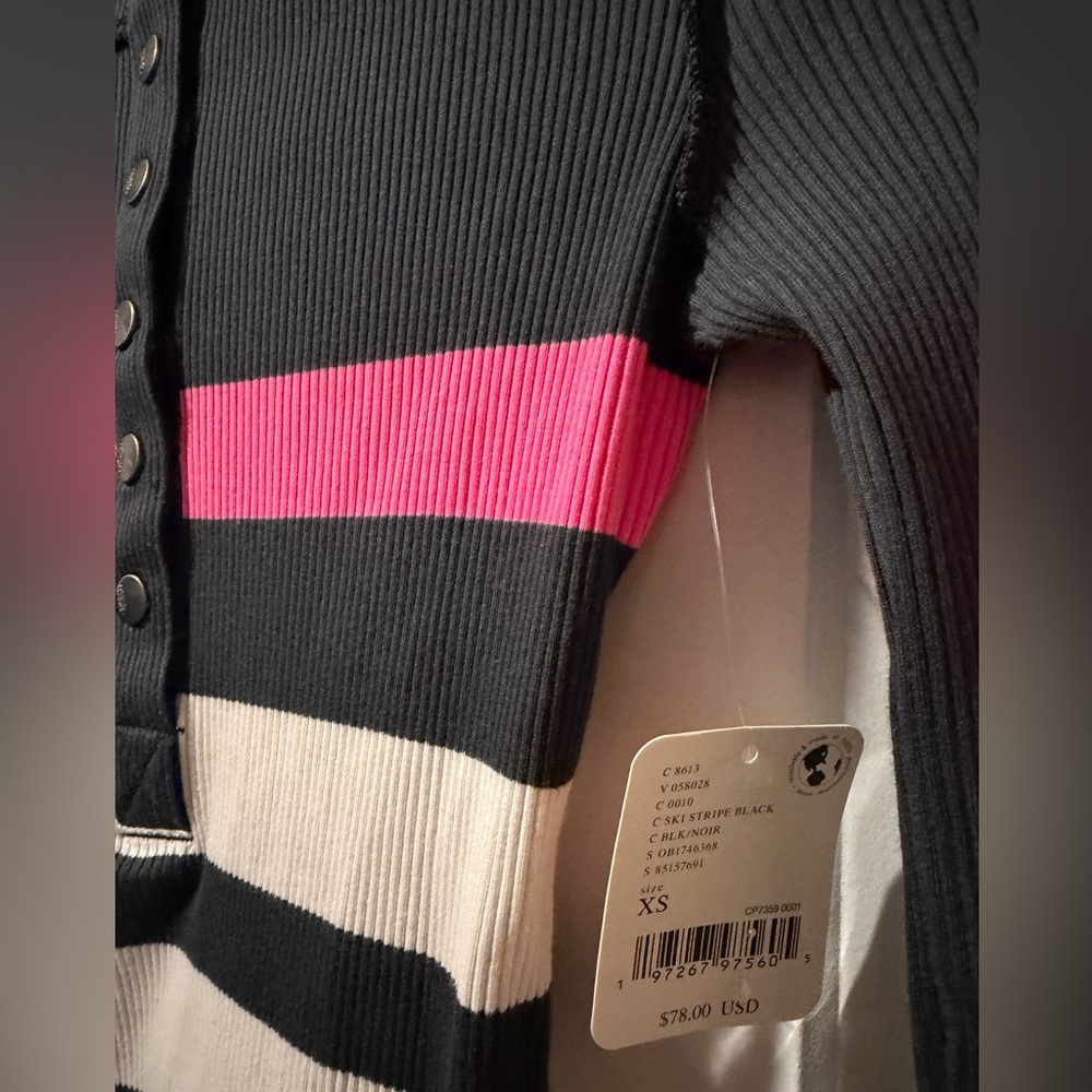 Free People Black Top with Hot Pink and Cream Stripes Henley 🔥 Size XS - Picture 3 of 5